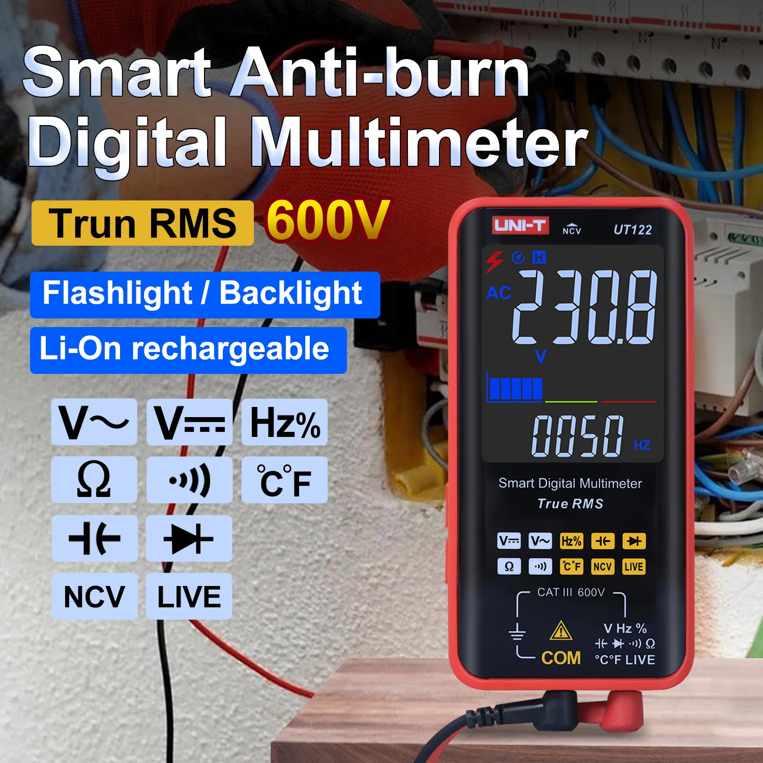 UT122 UT121A/UT121B/UT122 Tipo di scheda Gamma automatica Multimetro intelligente DC AC Resistenza Diodo Tester Capacità NCV Voltmetro