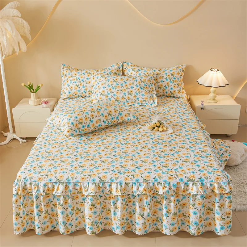 Bonenjoy 100% Cotton Bed Skirt Floral Style Bedspread Skin-friendly Bed Cover Mattress Protector faldones de cama(No Pillowcase)