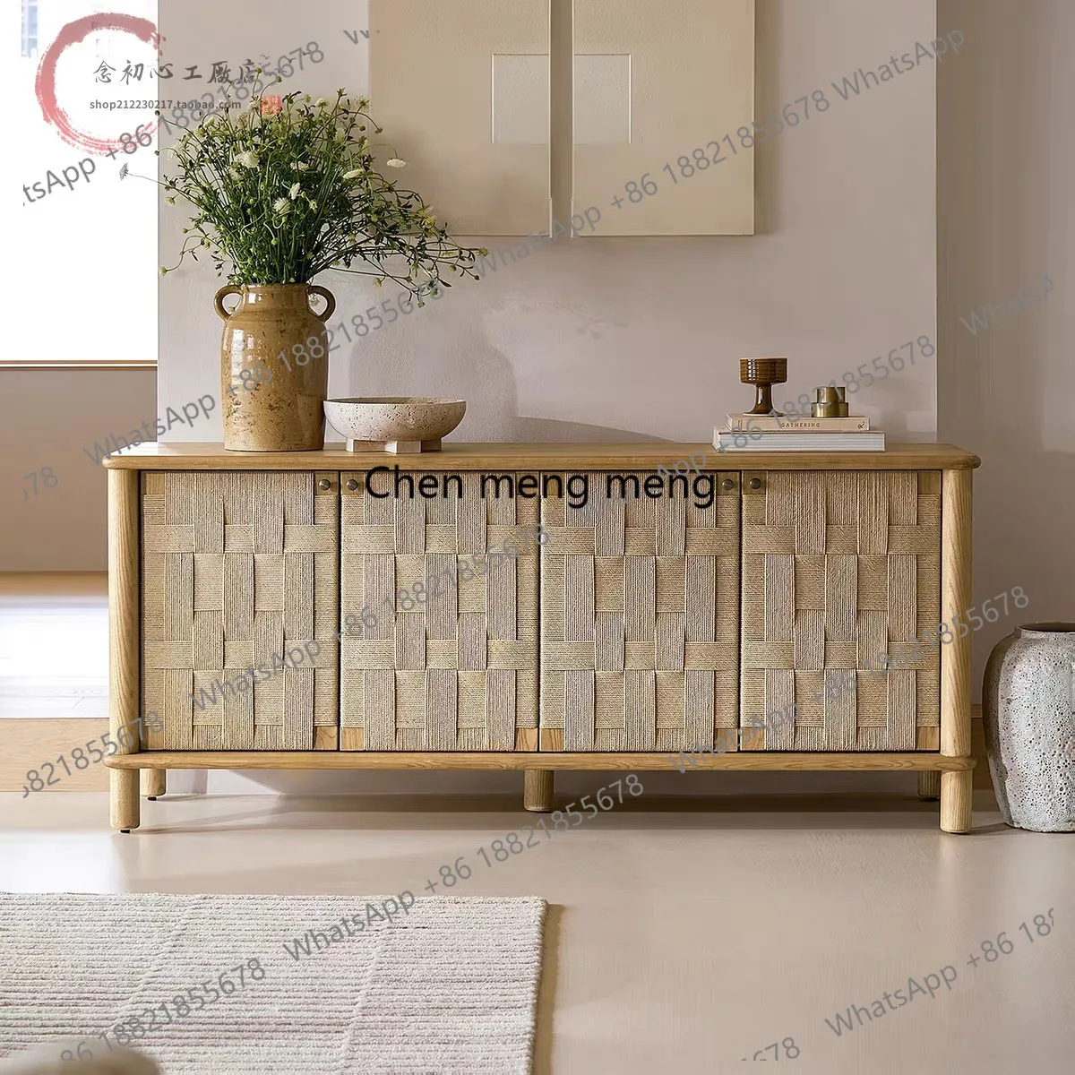 

French retro solid wood dining side cabinet log wind braided rope living room locker medieval shoe cabinet