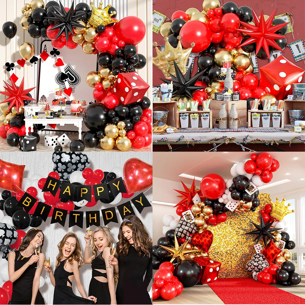 

Red Black Gold Balloons Garland Arch with Starburst Foil Balloon Casino Party Theme Dice Balloon Set Las Vegas Party Supplies