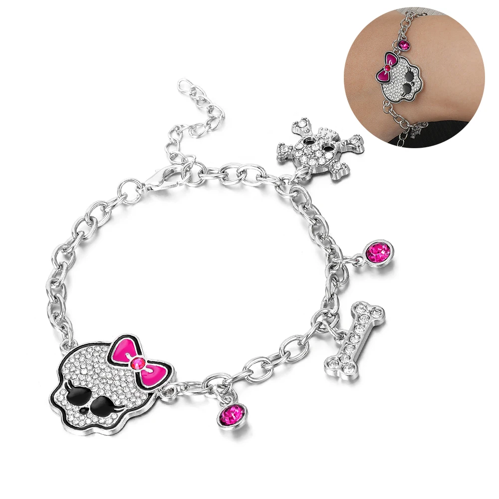 

Skull Halloween Charm Bracelet with Pink Crystal Punk Gothic Bow-Knot Skeleton Bangle Jewelry Gifts for Woman Girls