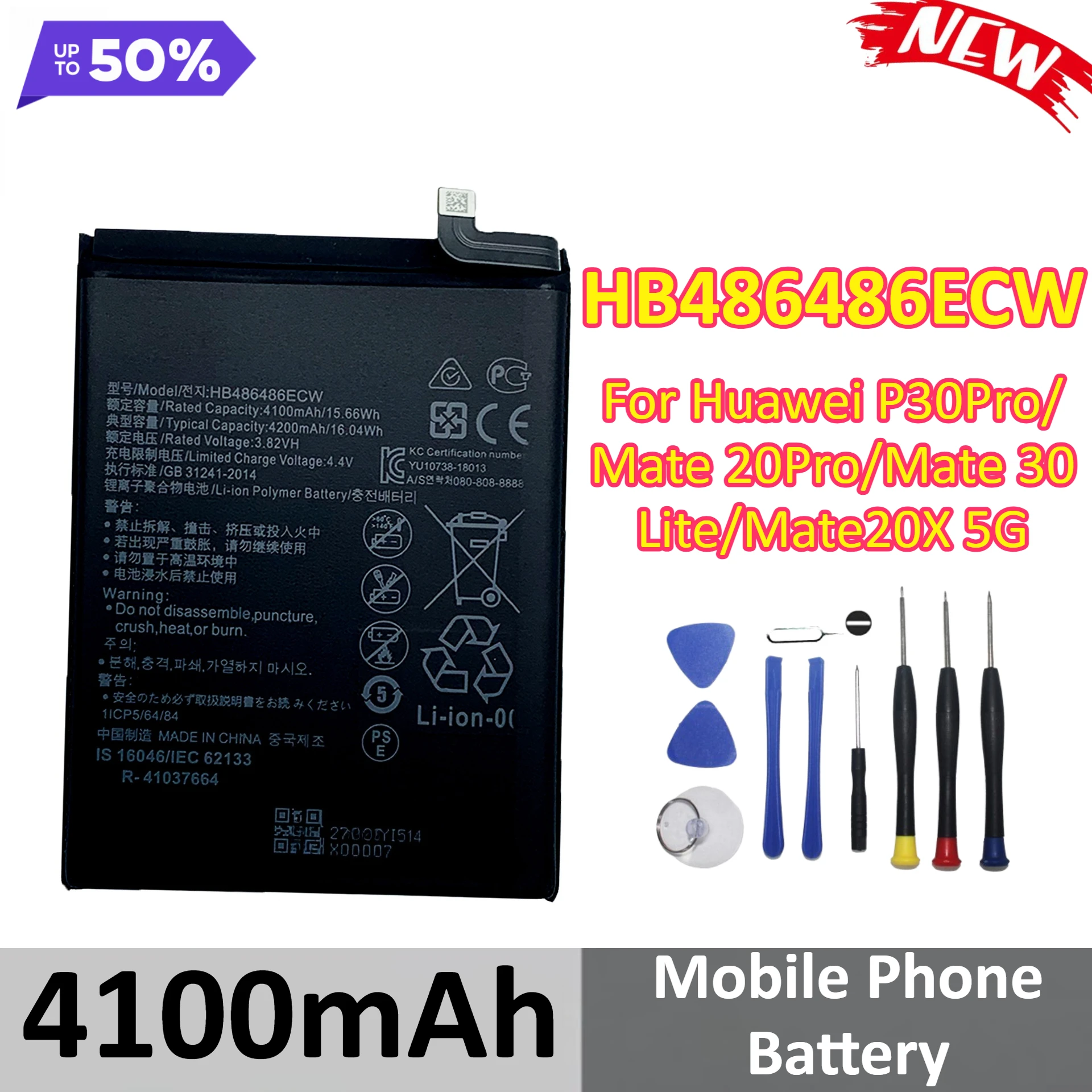 

HB486486ECW 4100mAh Mobile Phone Battery For Huawei P30Pro Mate 20Pro Mate 30 Lite Mate 20X 5G + Tools