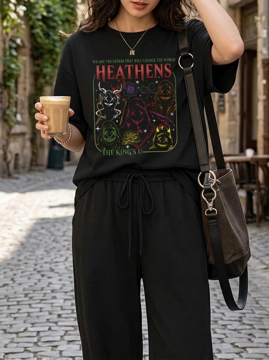 Human Eradication Project X Dark Subculture 'HEATHENS' Graphic T-Shirt Women'S Casual Crew Neck Short Sleeve Top