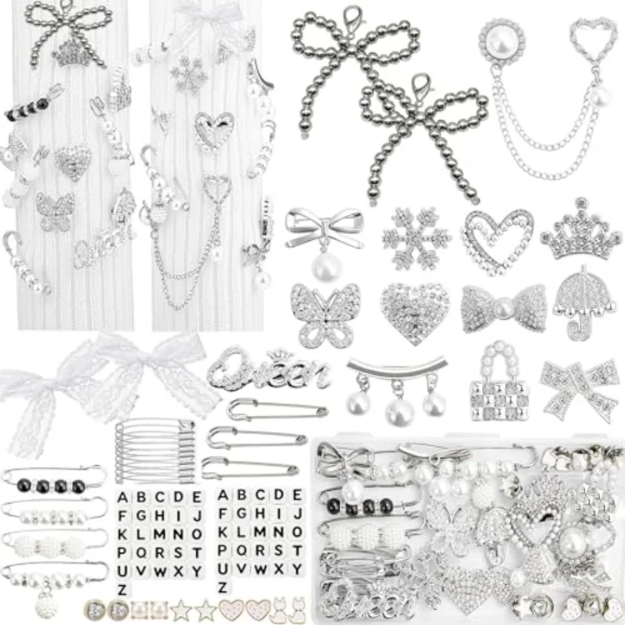 

268pcs Silver Junk Socks Charms Kit, Shoe Charms for Sneakers, Brooches and Pins for Women, Pearl and Rhinestone Sock Charm wit