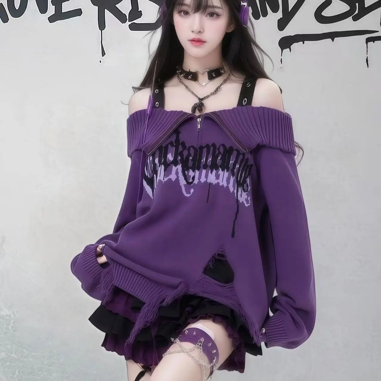 

Subculture hole design shoulder sweater women's autumn and winter purple loose y2k babes knitted sweater top