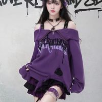 Subculture hole design shoulder sweater women's autumn and winter purple loose y2k babes knitted sweater top
