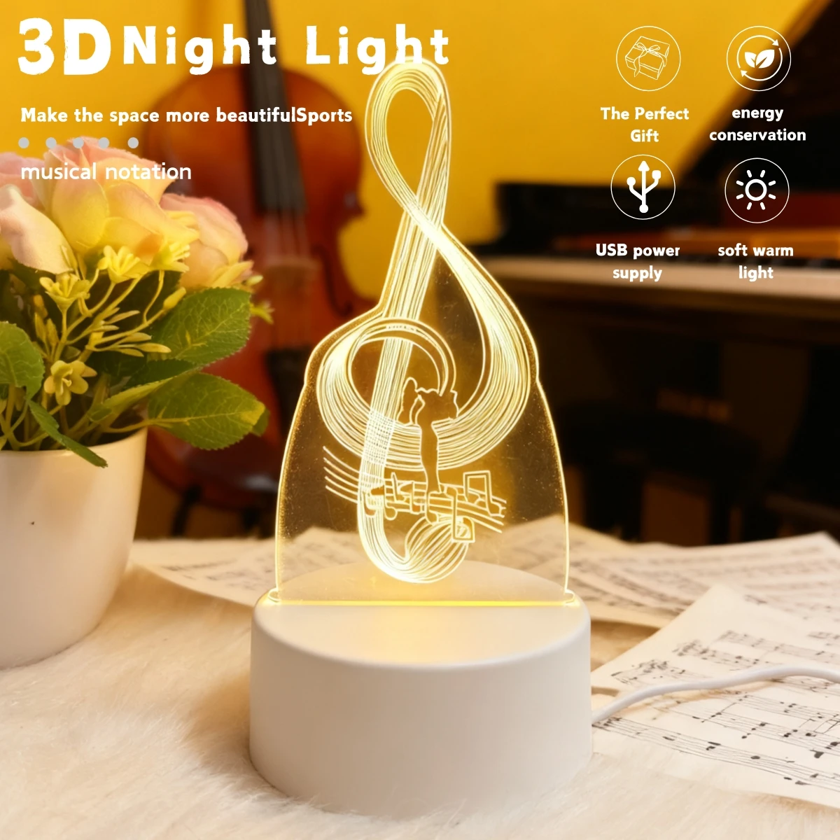 

3D night light in the shape of musical notes, festive atmosphere bedroom decoration light, USB power supply, gift table light.