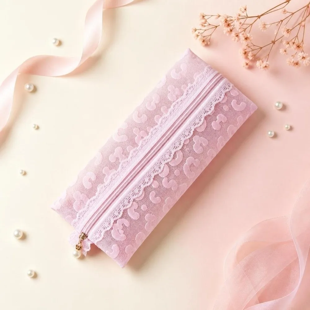 Durable Mesh Makeup Bag Leopard Lace Pink Pencil Pouch Portable Compact Pencil Case Eyebrow Pencil