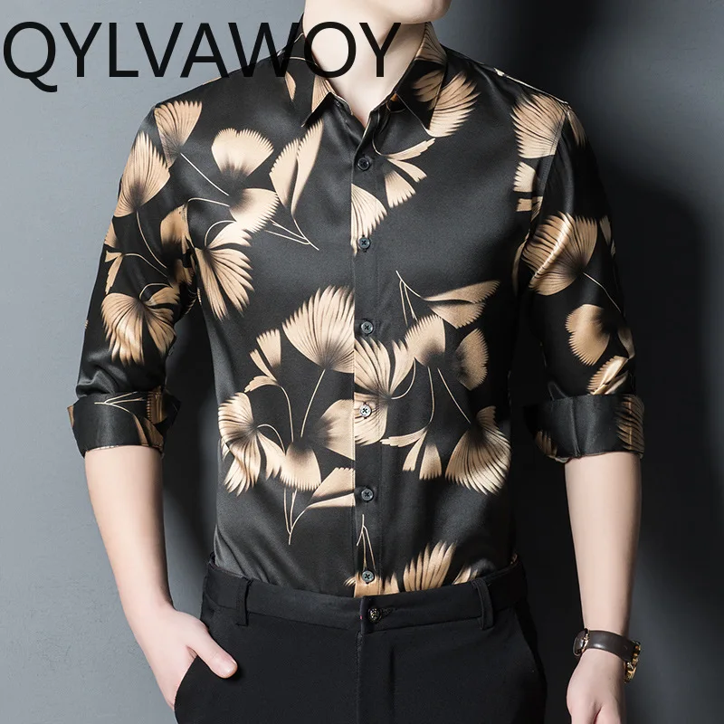 QYLVAWOY High-end Men's Shirts Long Sleeves Shirt 90.8% Mulberry Silk Floral Shirts Spring Autumn Tops Camisas Masculina Casual
