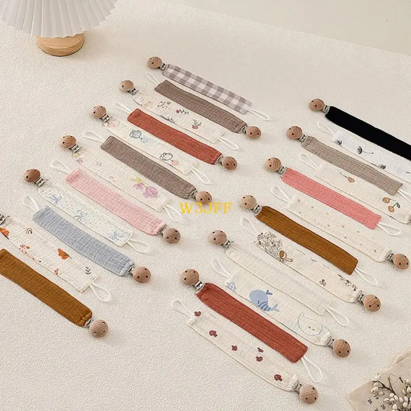 W3JF Washable Cotton Pacifier Lanyard Multi Functional Designs with Wooden Clasp Patterned Tether for Newborn Security