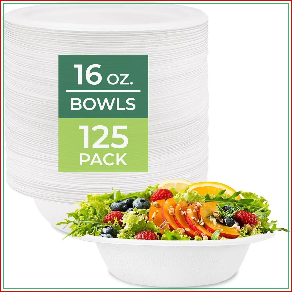 

Eco-Friendly 16 oz Disposable Soup Bowls, 125-Pack Biodegradable Sugarcane Fiber, Heavy Duty, Microwave & Freezer Safe