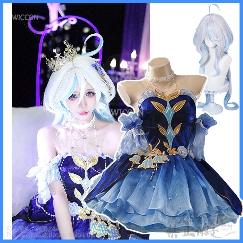 Anime jogo genshin impacto cosplay furina traje feminino vestido lolita perucas de noite role play halloween terno de natal personalizado