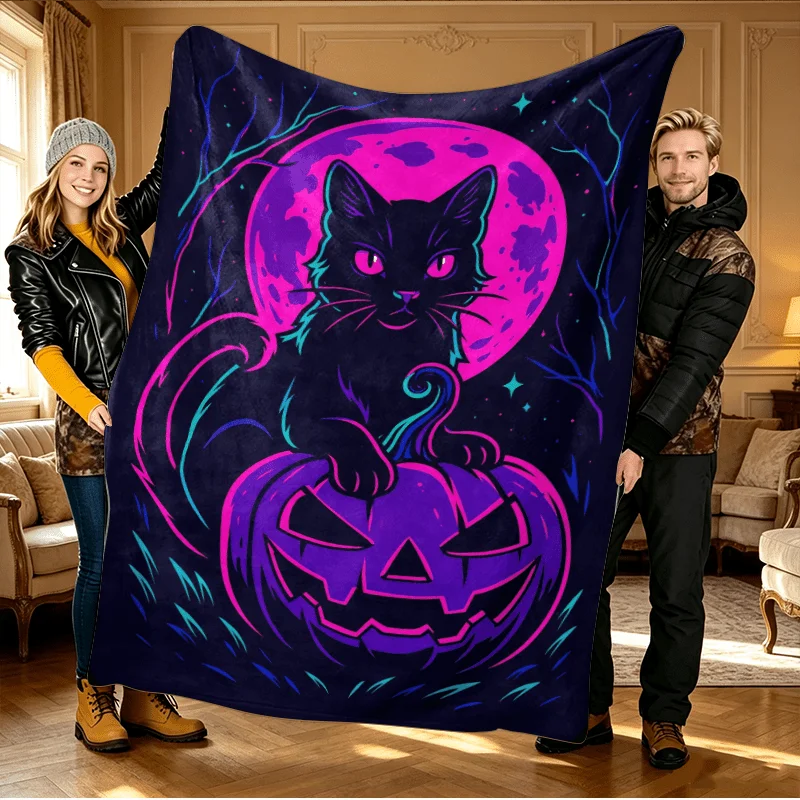 Spooky Cute Black Cat Halloween Pumpkin Moon Throw Blanket Cozy Fall Decor Gift for Witchy Vibes 150x200cm