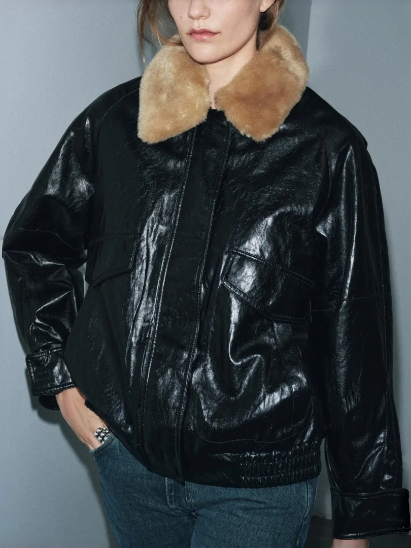 Ele انفصال الفراء الاصطناعي طوق Jaet المرأة Faion ملابس خارجية الخريف الشتاء جديد Sle عادية سستة بولي Leather الجلود #4