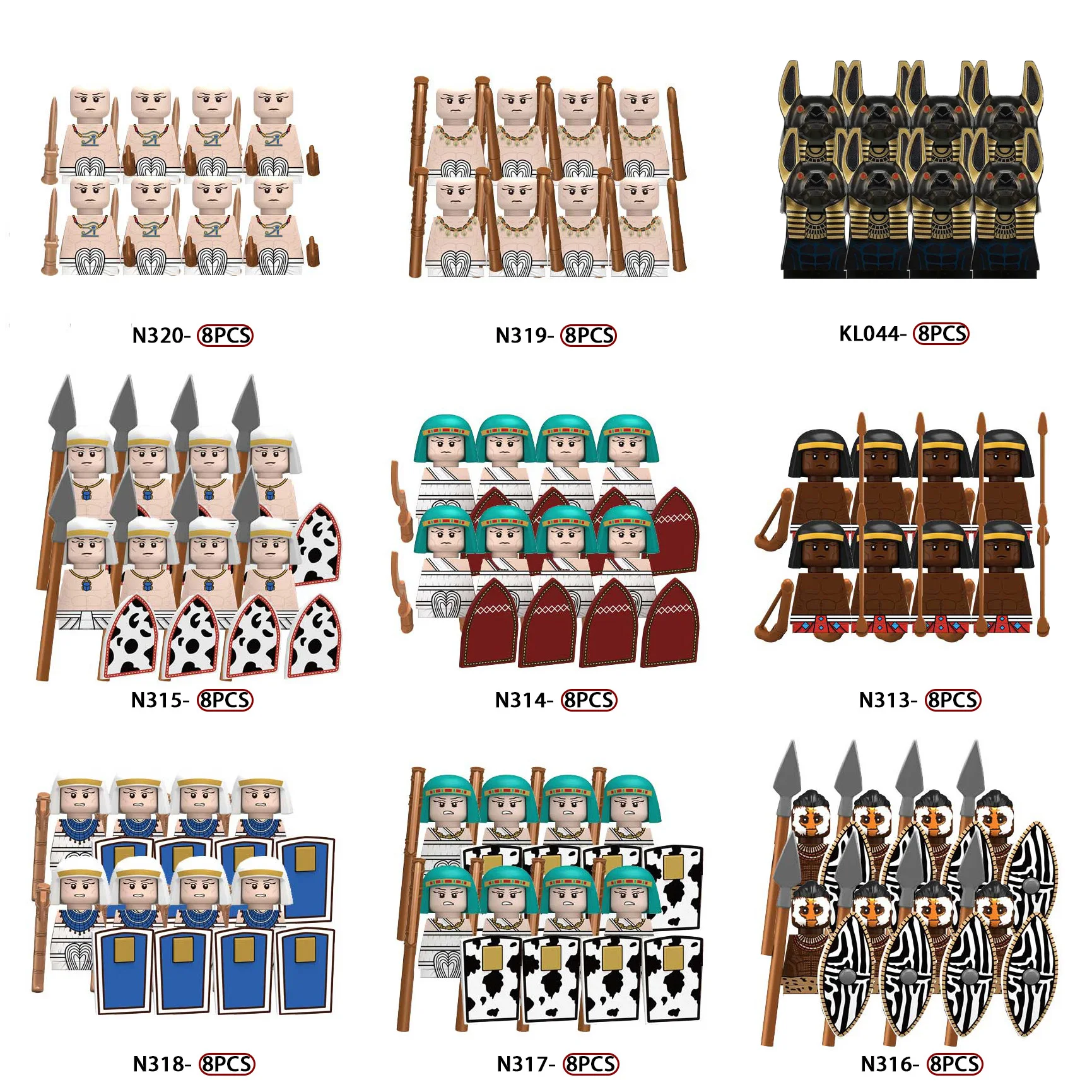 MOC Mittelalterliche Ägyptische Soldaten Figuren Bausteine Ägypten Pharao Wolfschilde Speere Waffen Bausteine Spielzeug