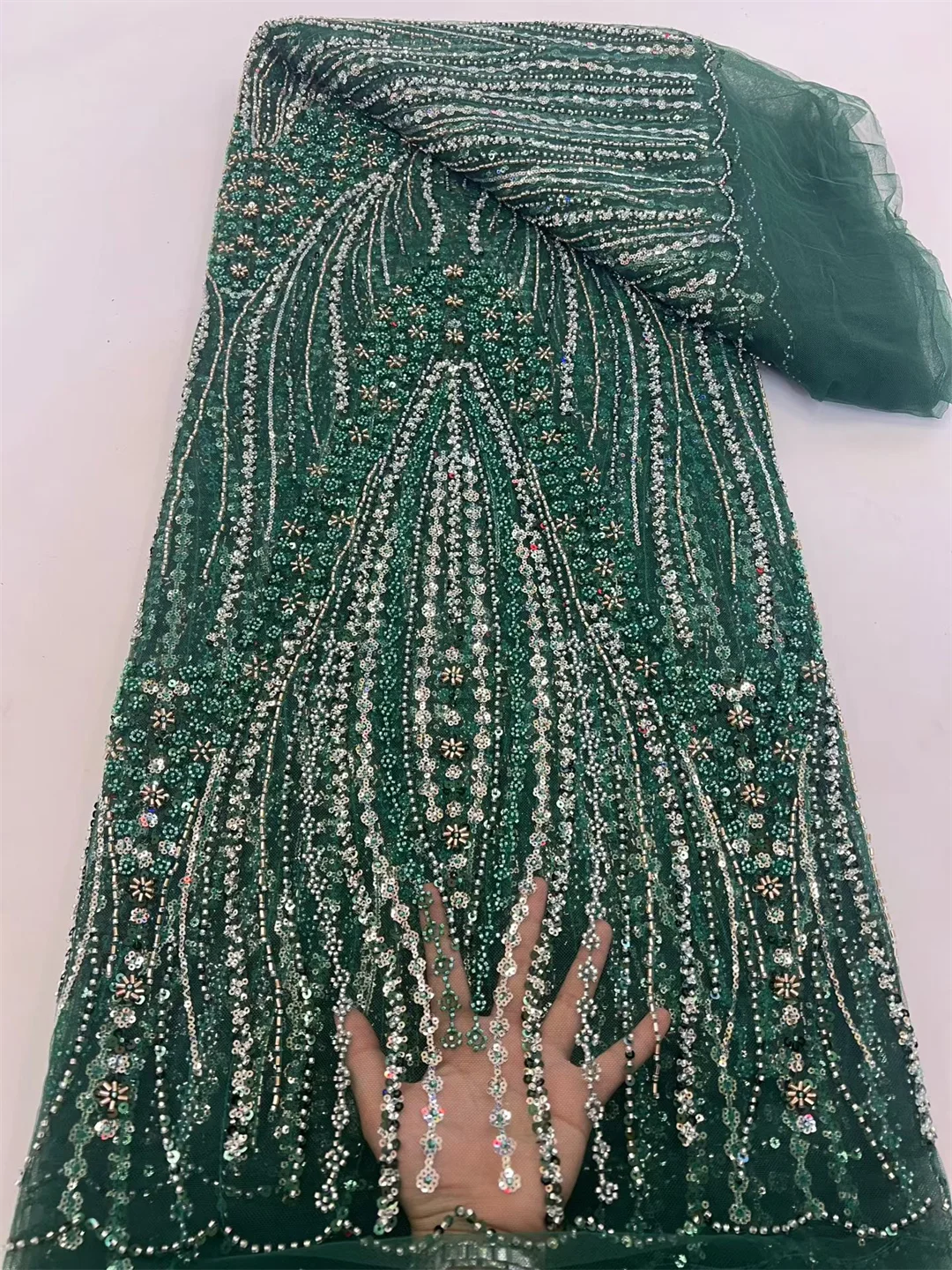

French Beaded Sequins Lace Fabric 2026 High Quality 5 Yard Mesh Tulle African Lace Fabric Nigerian Wedding Dress for Women