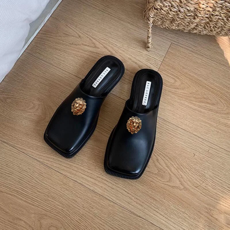 Baotou Setengah Sandal Wanita Baru Perancis Vintage Sepatu Kulit Kecil Kepala Persegi Sepatu Tunggal Datar Lembut Sol Sepatu Muller 37