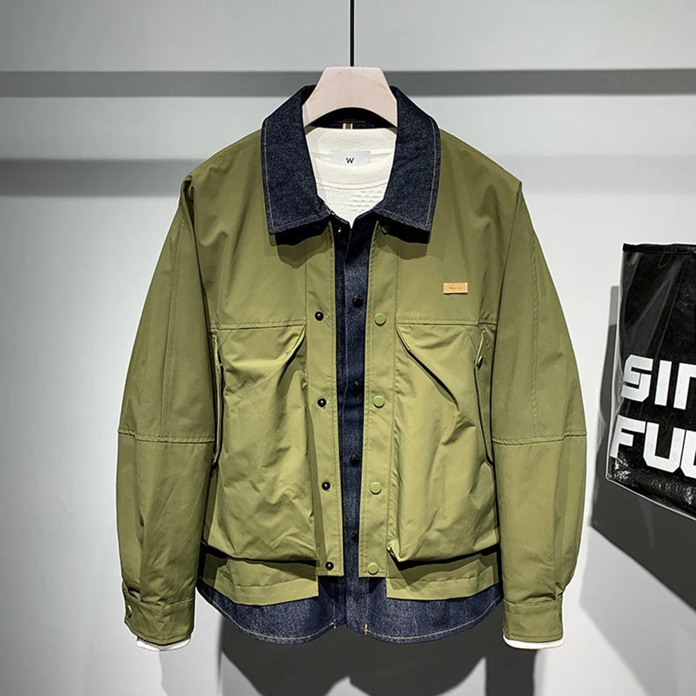 Mens Denim Patchwork Fake Two-Piece Casual Jacket Streetwear Fashion Thin Youth Campus Long-Sleeved Top Male Men'S Clothing