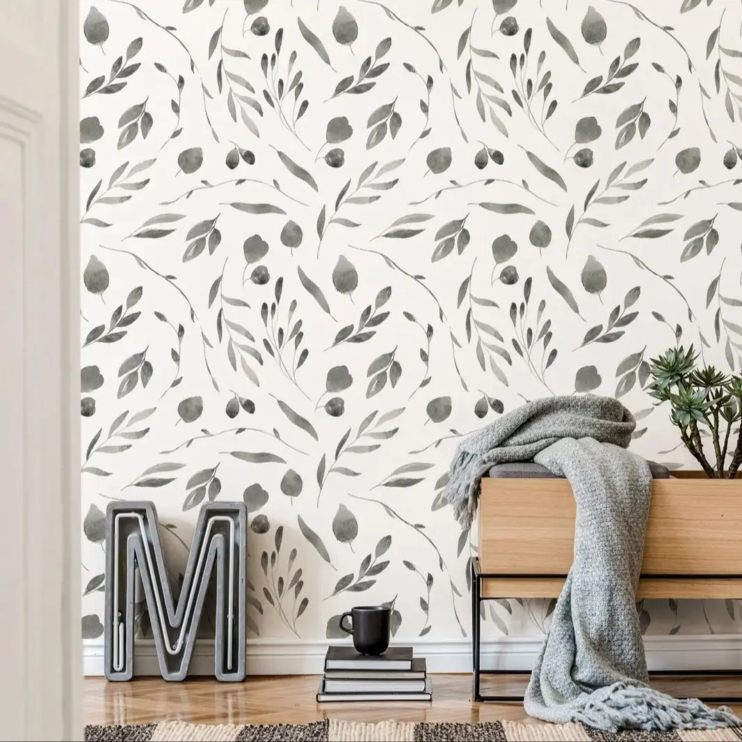 

Watercolor Leaves Wallpaper Peel and Stick,Oriental Traditional Painting Wallpaper On White Background,Ink Wall Mural Paper