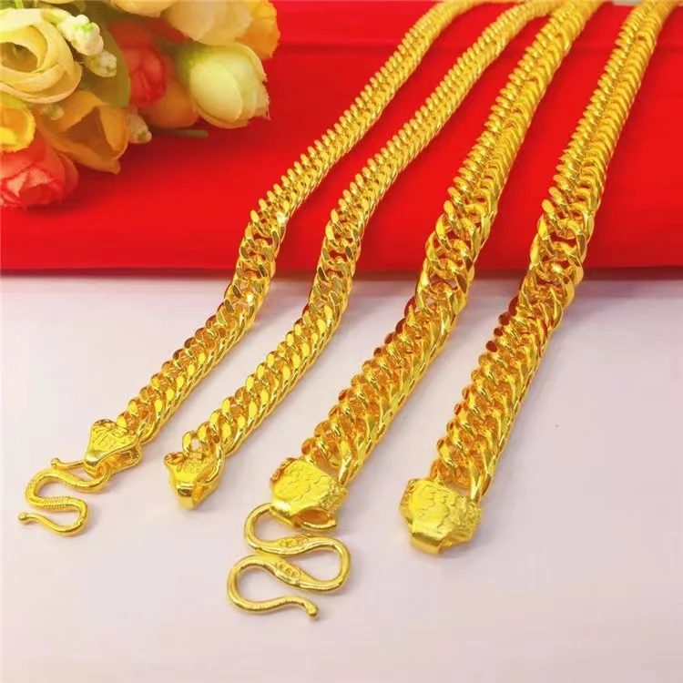 Men's Thickened 24K Gold AU999 Fortune Buckle Boss Necklace Classic Retro Chain Jewelry for Stylish Gentlemen
