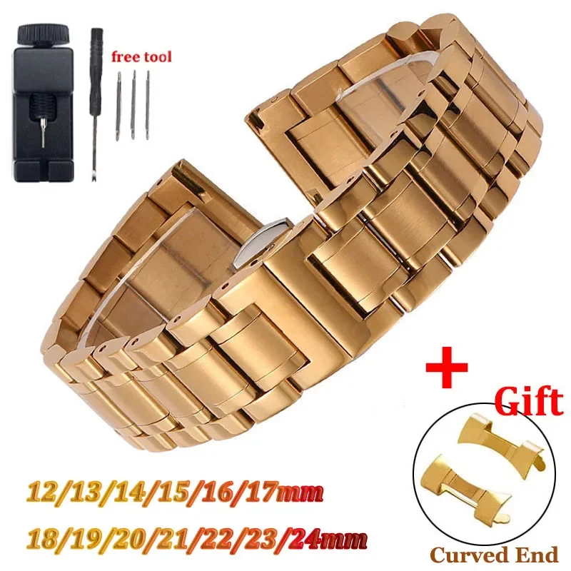 Curved End Strap Stainless Steel Watch Band 12 13 14 15 16 17 18mm 19mm 20mm 21mm 22mm 23mm 24mm Metal Staight End Bracelet