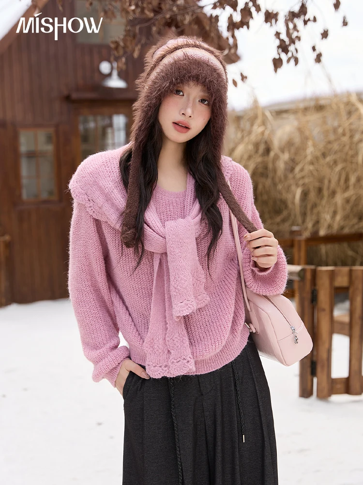 

Женский свитер MISHOW, зима 2029, французский свитер с круглым вырезом, съемная шаль, свободный свитер, повседневный топ с длинными рукавами для поездок на работу, MXE51Z2553
