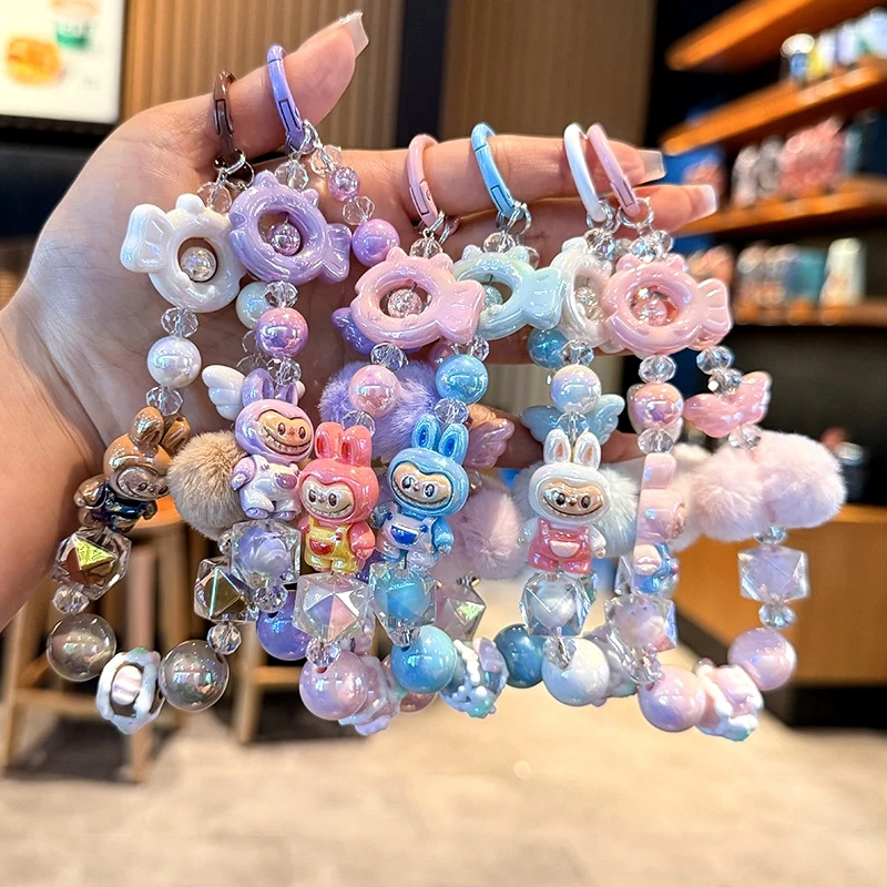 Labubu Painted Beads Phone Chain Hairball Keychain Sweet Girl Anti-lost Wrist Strap Bracelet Earphone Case Charm Bag Decor