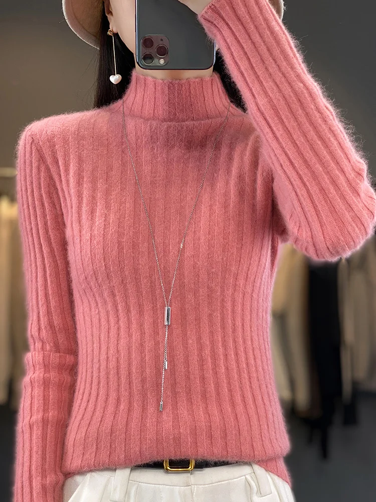 

New Knit Womem's Cashmere Sweater Mock Neck Soft Warm Pullover 100% Mink Cashmere Knitwear Winter Female Casual Basic Clothing