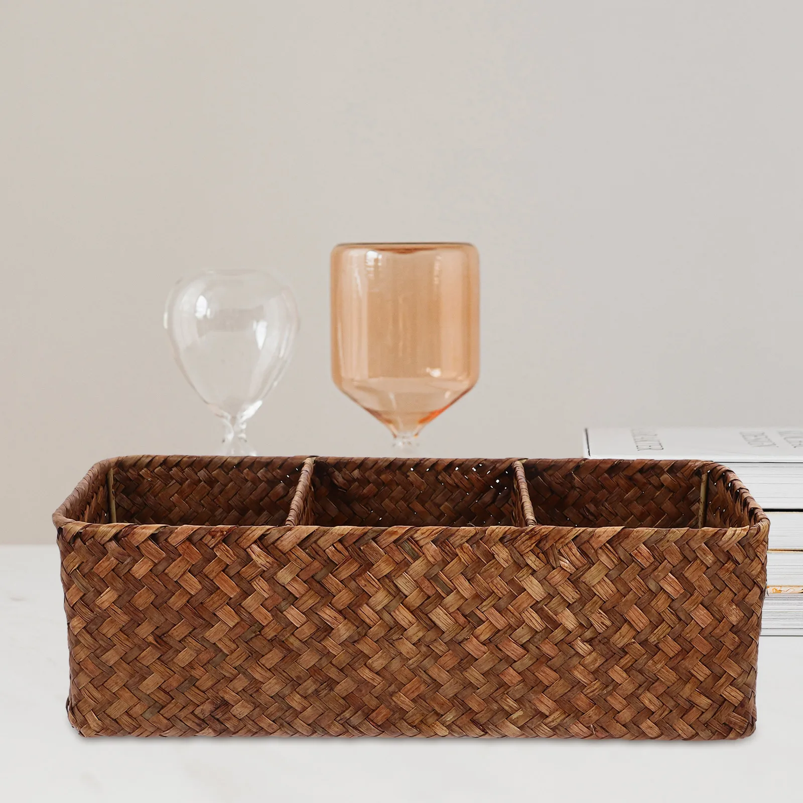 

Desktop Storage Box 3 Compartments Woven Basket Cardigan Color Jewelry Organizer Easy Clean Material Home Decor Style