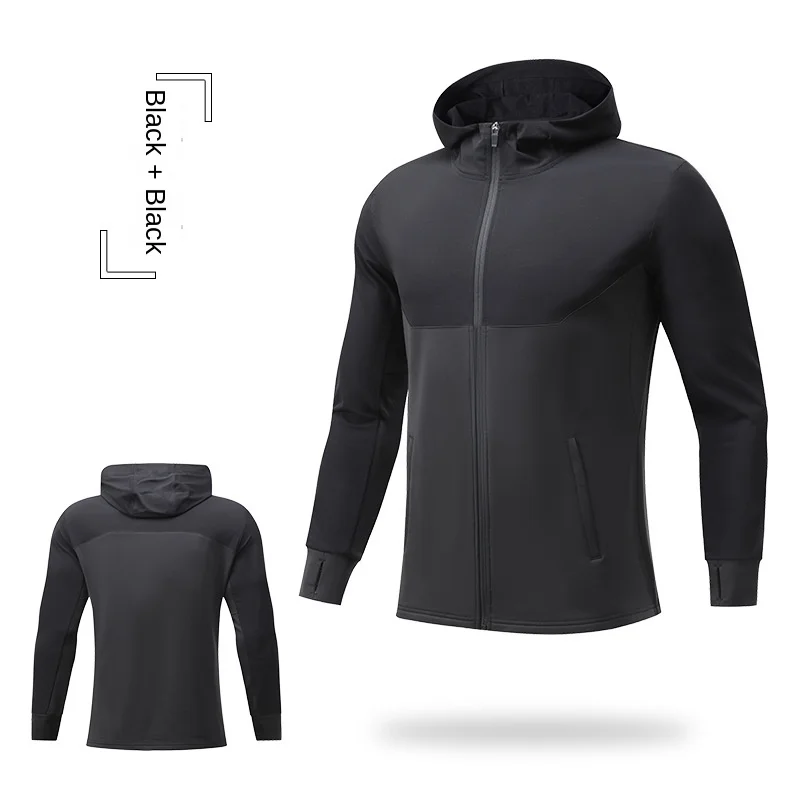 Autumn And Winter Outdoor Fleece-lined Sports Jacket Men's Stitching Windproof Warm Riding Sweatshirt Hooded Fitness Sportswear