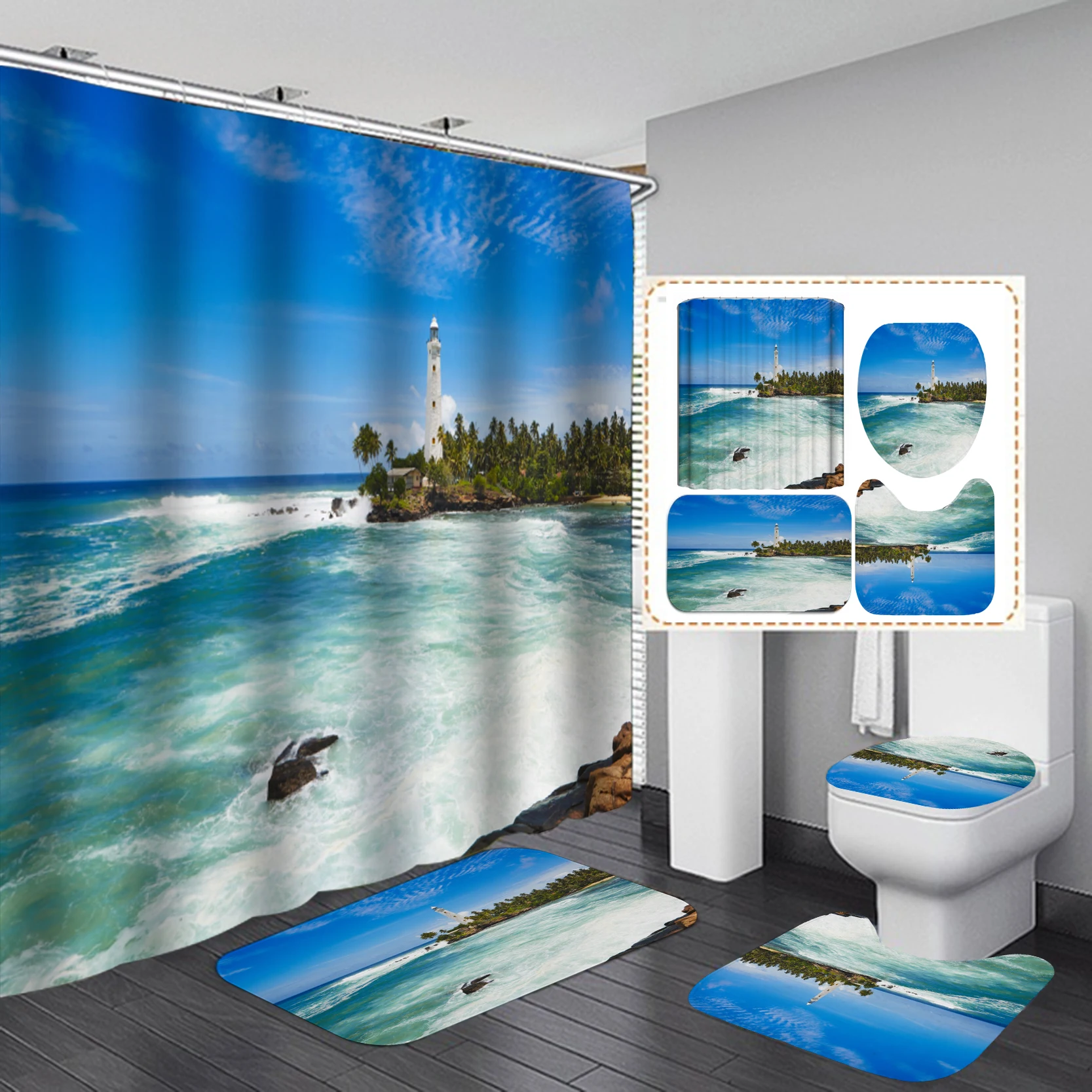 Coastal Beach Scenery 3D Printing Waterproof Shower Curtain Sets Pedestal Rug Lid Toilet Cover Mat Bathroom Set with 12 Hooks