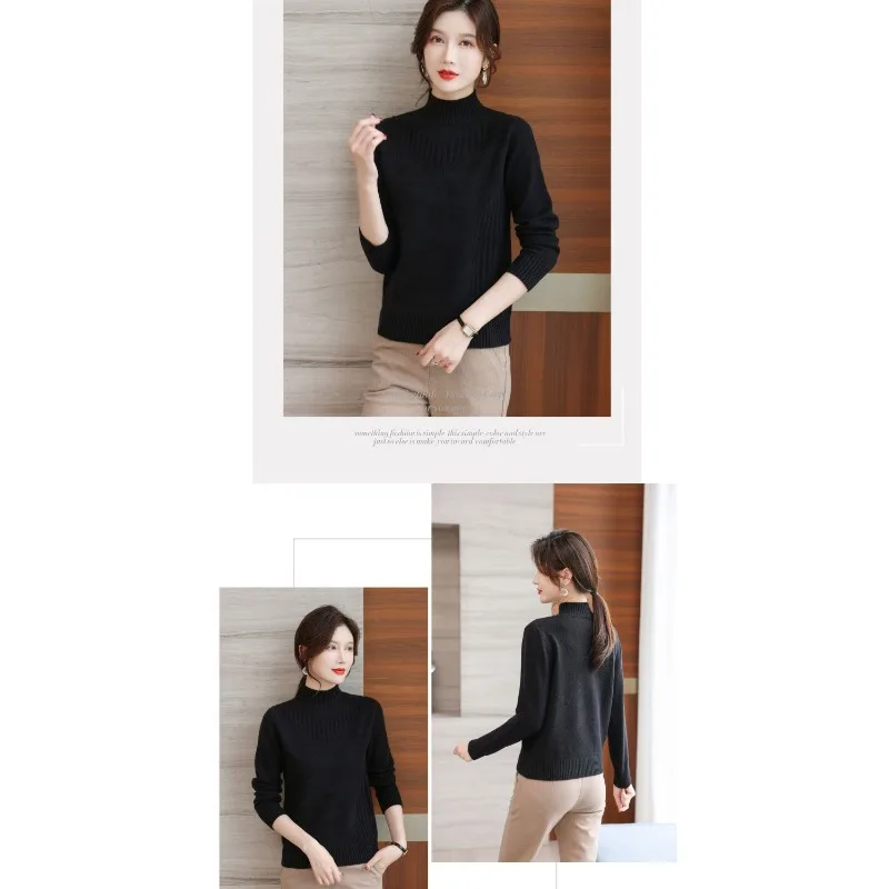 الخريف والشتاء بلون سترة المرأة السترة فضفاضة نصف الارتفاع قاع سترة أعلى #5