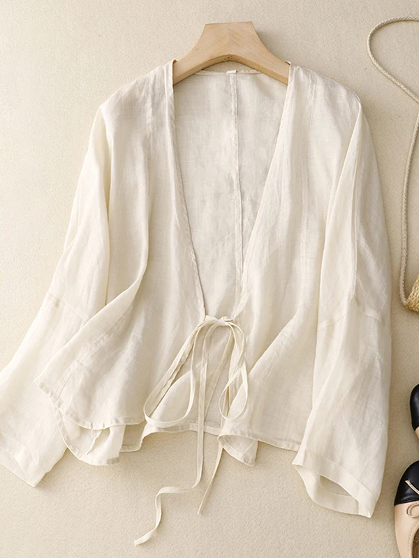 

Summer Vintage Artistic Loose Shirt with Belted Sun Protection Outerwear V-Neck Nine Sleeve Length Regular Fit for Commute