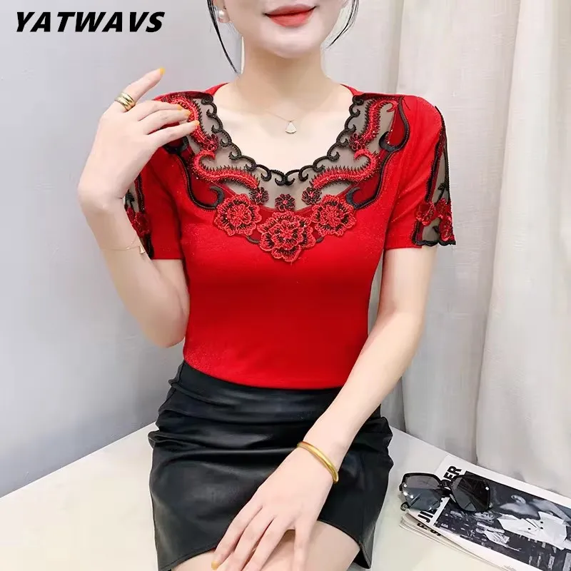 

2025 Summer Lace Hot Diamonds Designer T-Shirt Elastic Sexy O-Neck Slim Mesh Tops Chic Women's Short Sleeved Casual Tees Blouse