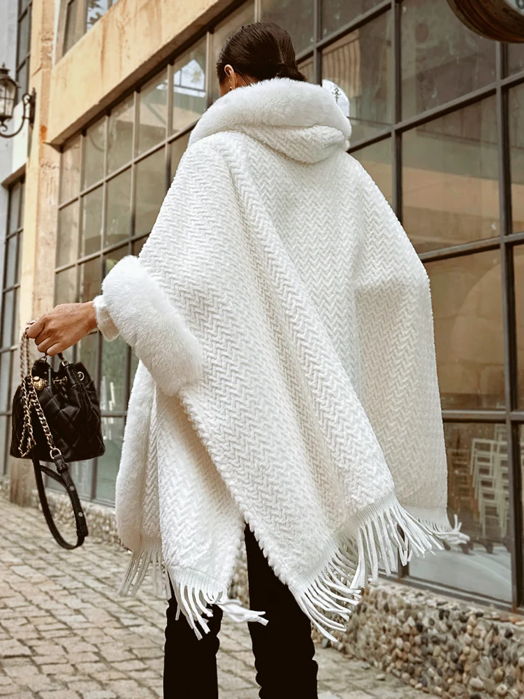 أزياء فرنسية أنيقة أوف وايت فو الثعلب الفراء طوق معطف طويل جاكيتات سميكة الدافئة شرابة أفخم كيب عباءة للنساء الشتاء #5