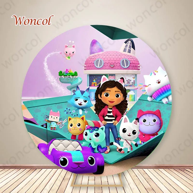 Woncol Gabby Dollhouse Round Backdrop Kid Birthday Photo Background Baby Shower Gabby Dollhouse Cylinder Cover Decor Photo Drop