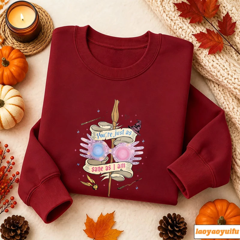 Magic Spectacles Broom Wand Golden Snitch Ribbon Text Print Pullover Long Sleeve Casual Loose Streetwear Fashion Sweatshirts Top