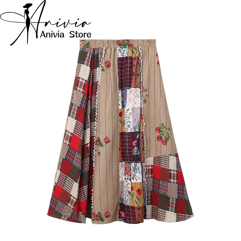 

Women's Patchwork Striped Grid Long Skirt Y2K Japanese Harajuku High Street High Waist College Retro Scottish Skirt Clothing New