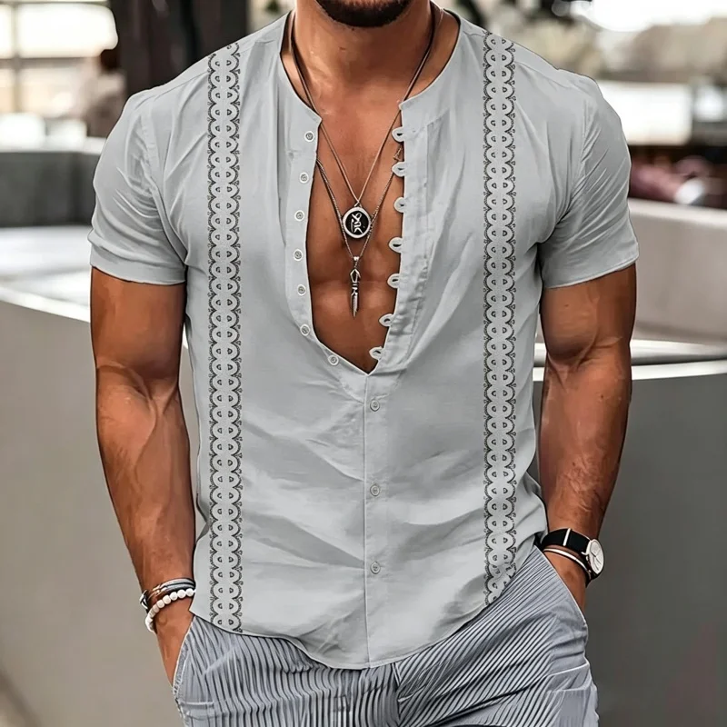 Men's summer new style solid color retro vertical stripe ethnic style print Henry collar short sleeved loose vacation men's top