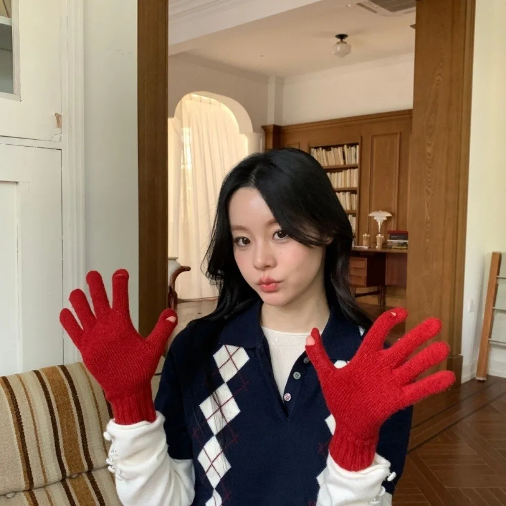 Cute Polyester Touch Screen Gloves Warm Lining Stretchable One Tip Knitted Gloves Winter Full Finger Gloves Outdoor Sports