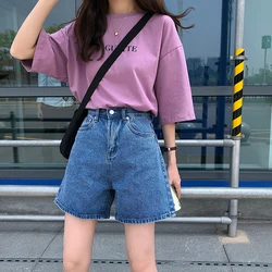 Summer Denim Jeans Water Washing Fashion Korean Wide Leg Pants Wear Elastic Waist Shorts Women High Waist Short Pants Pockets