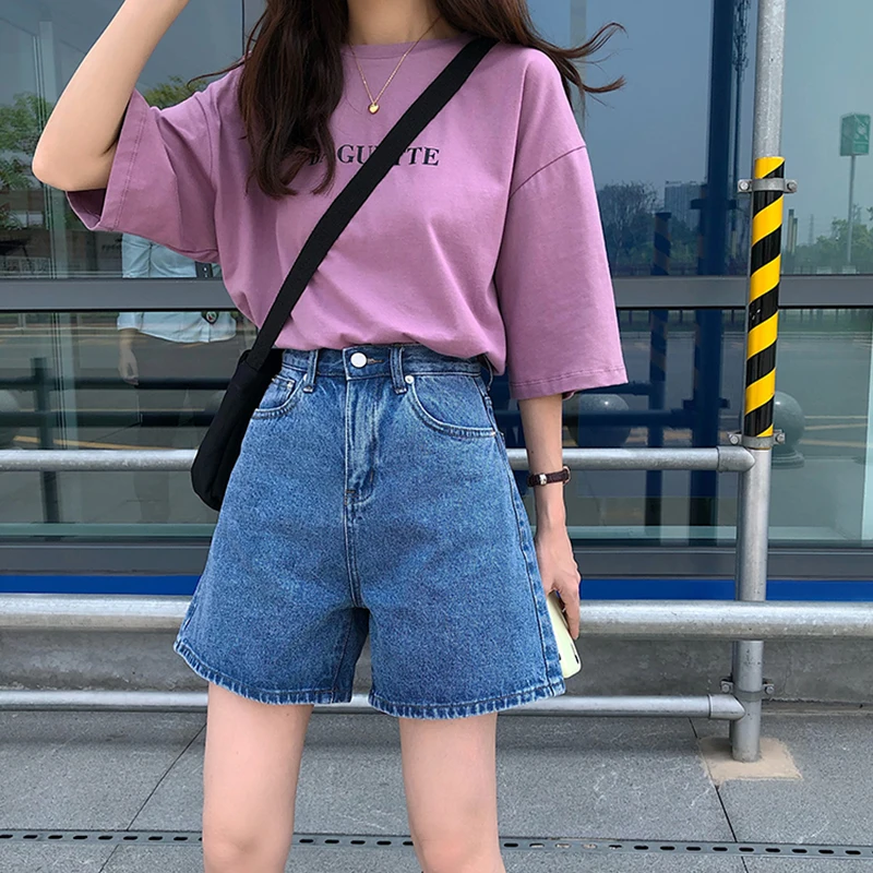 Summer Denim Jeans Water Washing Fashion Korean Wide Leg Pants Wear Elastic Waist Shorts Women High Waist Short Pants Pockets