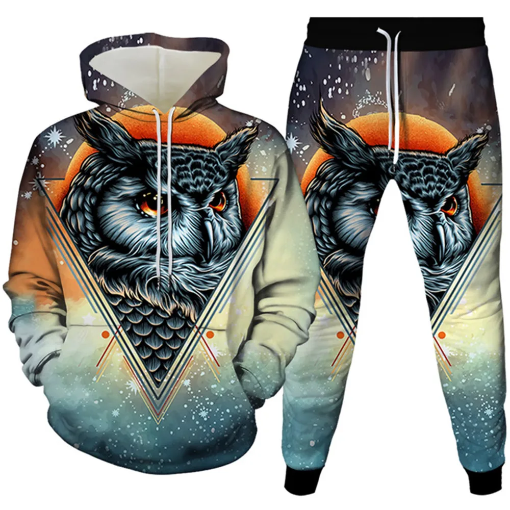 Animal Owl Harajuku Style Galaxy Print Men Costume Homme 2 Piece Clothes Outdoor Fashion Tracksuit Hoodies+Pants Sets Size S-6XL