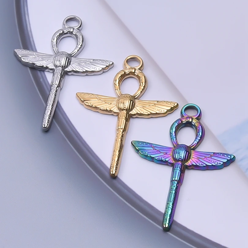 5pcs Ankh Egyptian Cross Charms for Jewelry Making Supplies Stainless Steel Insect Dragonfly Pendant DIY Accessories Materials