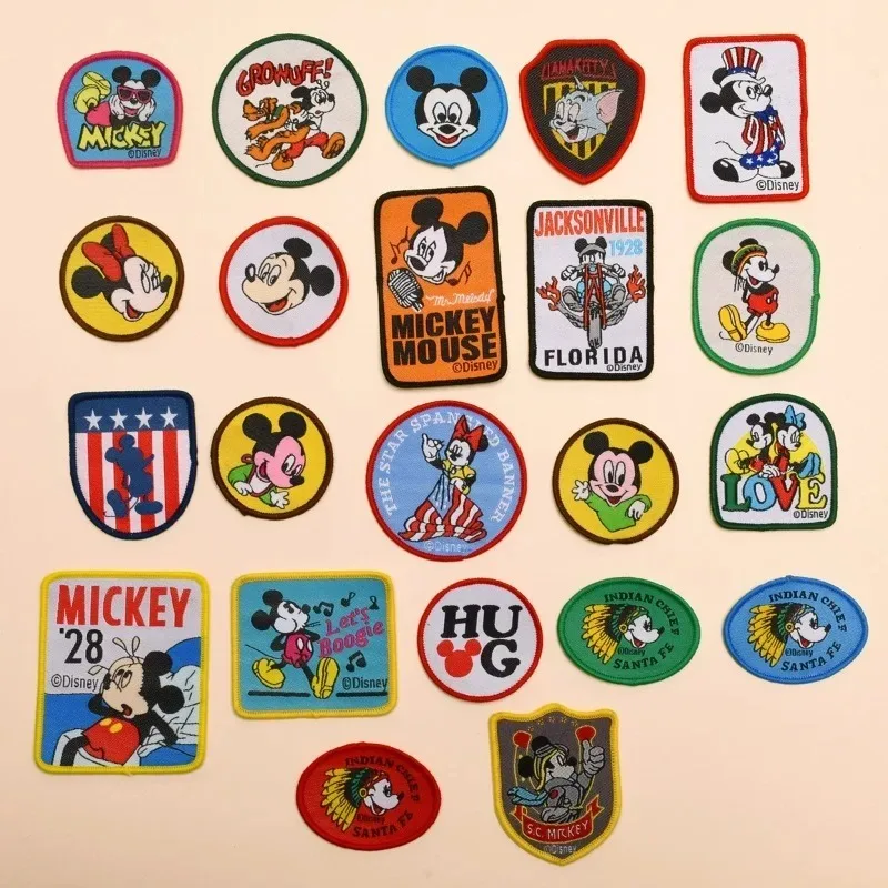 14-22PCS Disney Cartoon Mickey Mouse Patches DIY Sewing Kids Clothes Iron-on Patch Jeans Hat Embroidery Applique Flag Arm