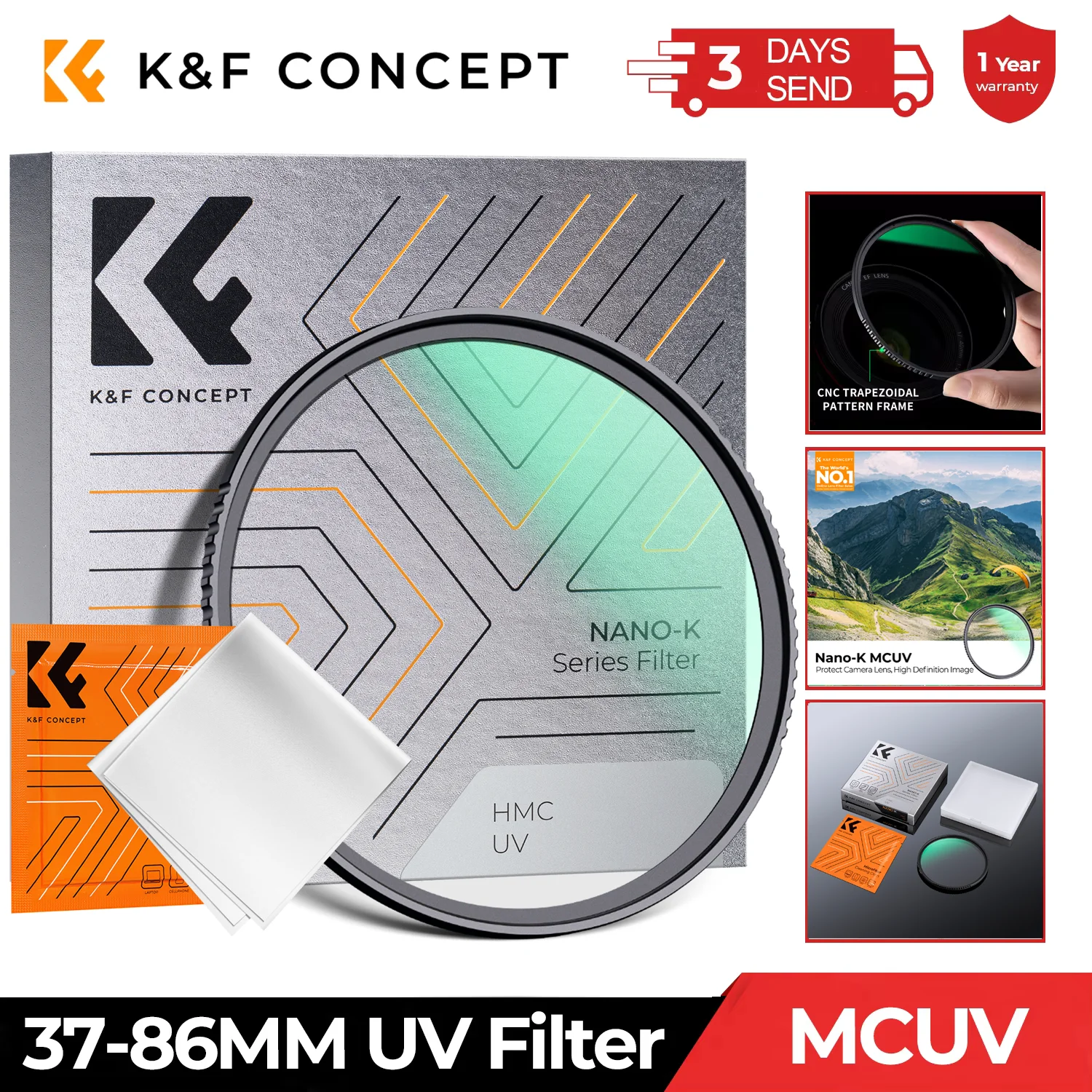 K&F CONCEPT 37-105mm עדשת מסנן UV MC Ultra Slim Optics עם הגנה מרובת ציפויים 37mm 49mm 52mm 58mm 62mm 67mm 77mm 82mm