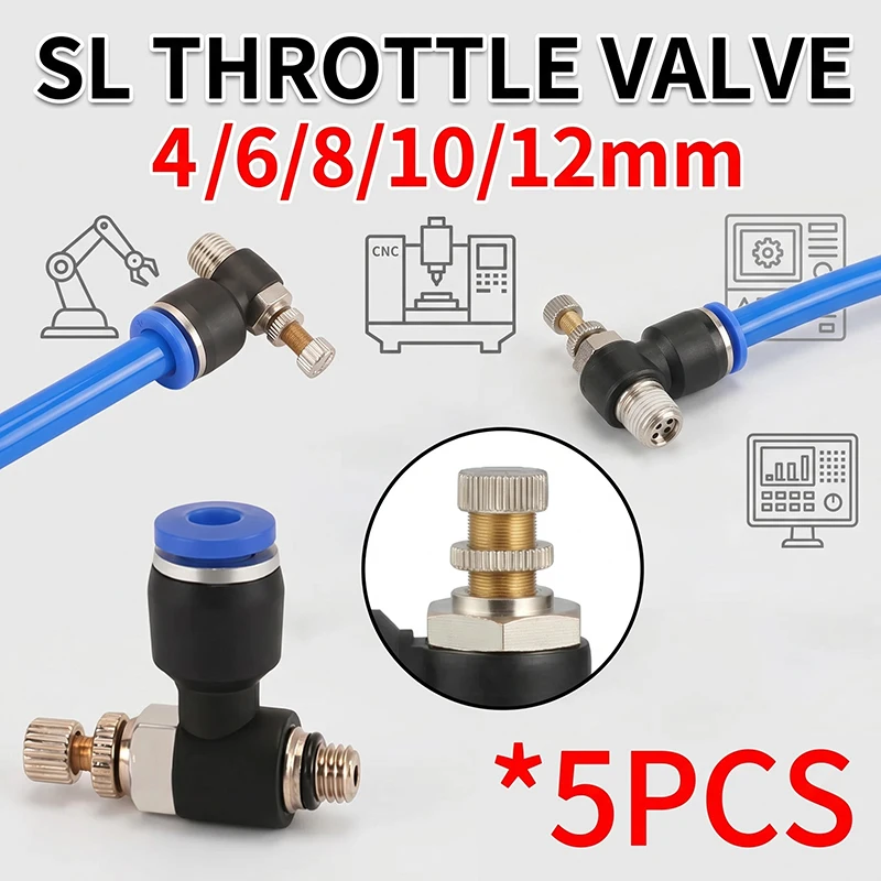 5PCS SL Throttle Valve with 4-12mm Fast Connector Air Speed Control for M5 & 1/8