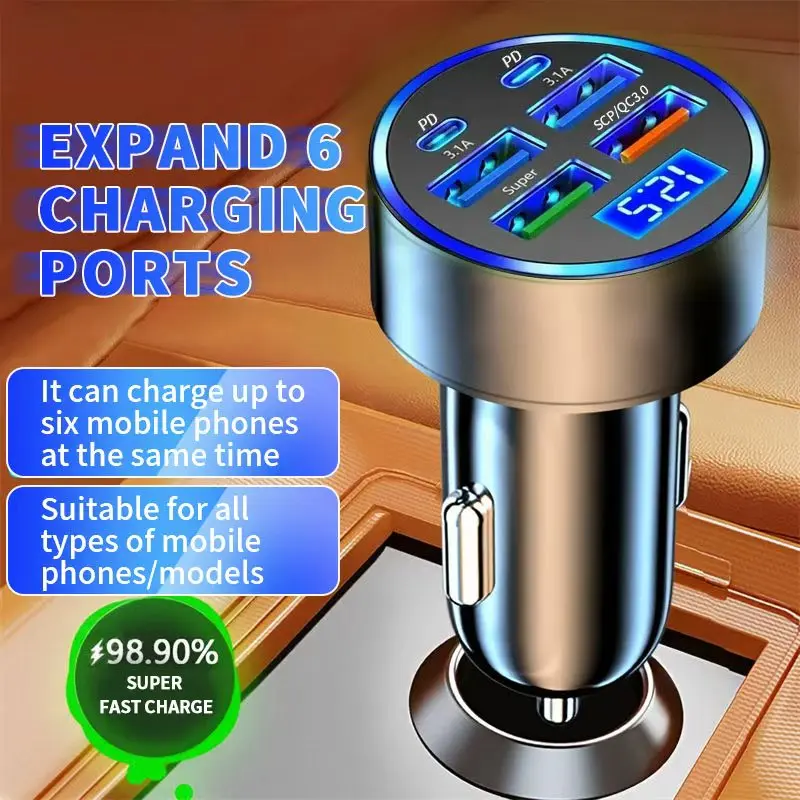 100 واط 6 منافذ شاحن سيارة شحن سريع PD QC3.0 USB C شاحن هاتف السيارة نوع C محول في السيارة آيفون سامسونج هواوي Xiaomi