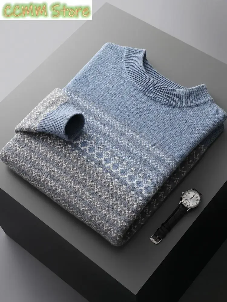 

New Men Mock-neck Cashmere Sweater Autumn Winter Thick Pullover 100% Merino Wool Knitwear Jacquard Knitting Warm Casual Tops