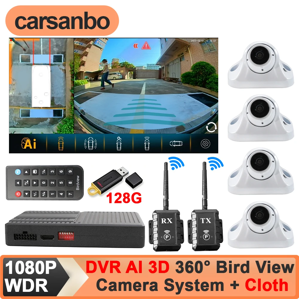 Carsanbo HD AI 3D 360° Bird Eye View Camera System 1080P WDR Camera with Wireless Transmitter and Receiver for Trailer Caravan